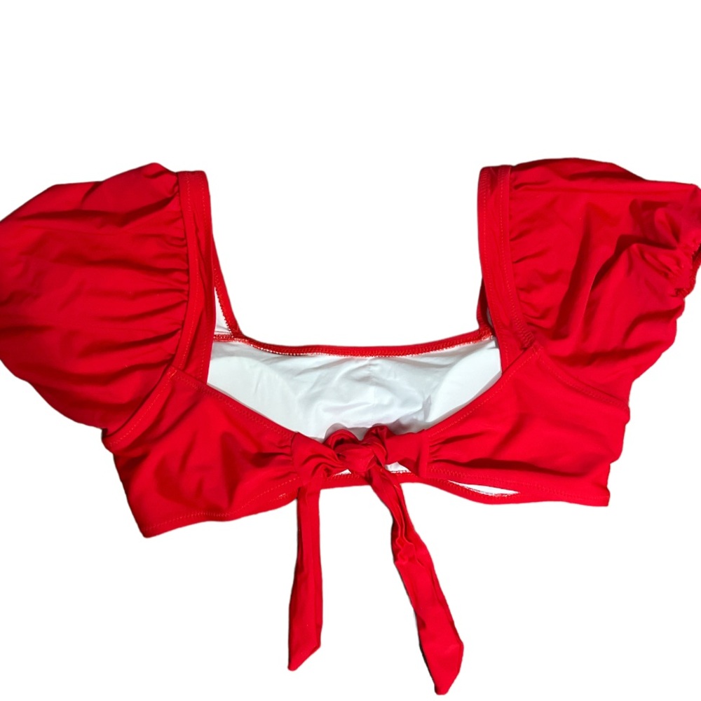 NWOT Red bikini top Square Neck Puff Sleeves Adjustable tie back bathing suit - Picture 8 of 10